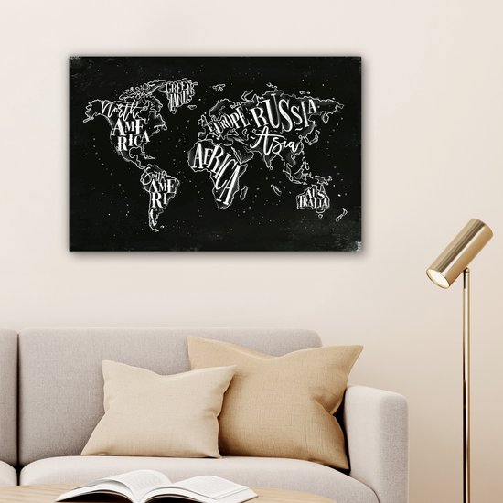Peintures Toile Wereldkaart - Simple - Zwart - Wit - 60x40 cm - Décoration murale