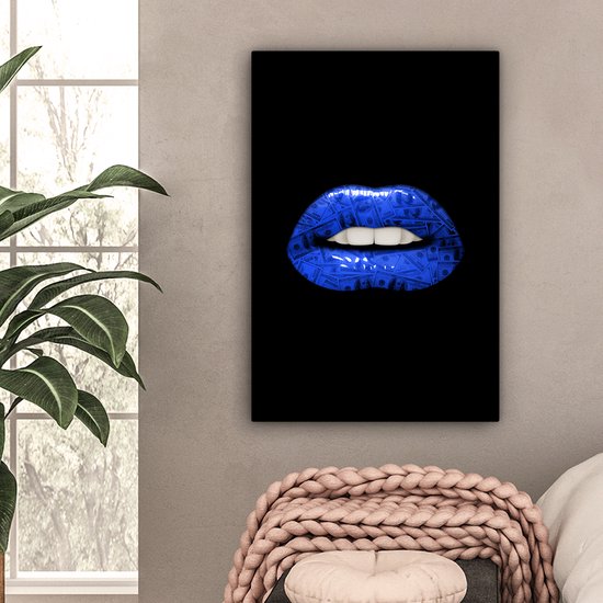 Canvas schilderij 40x60 cm - Wanddecoratie Lippen - Geld - Blauw - Muurdecoratie woonkamer - Slaapkamer decoratie - Kamer accessoires - Schilderijen op canvas