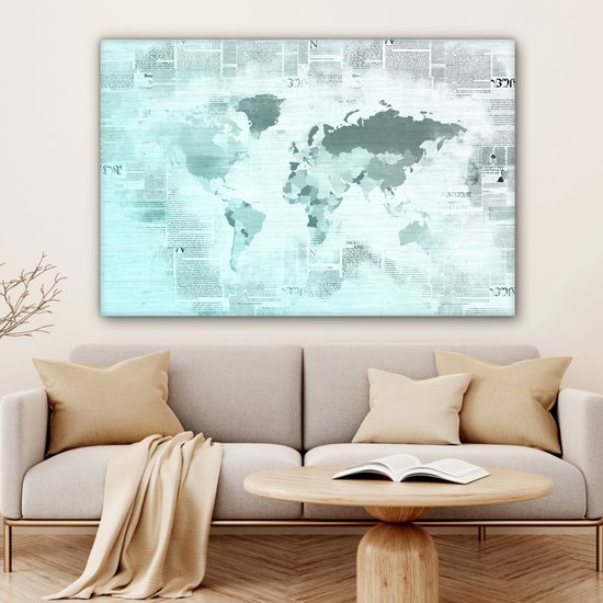 Wereldkaart aux couleurs bleu clair sur fond de papier journal 140x90 cm