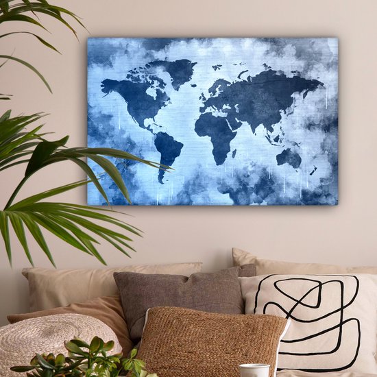 Wereldkaart avec peinture bleue et bleu foncé sur fond avec motif texturé 60x40 cm