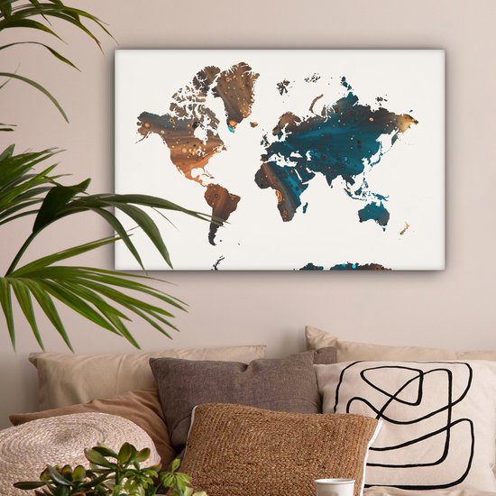 Wereldkaart en peinture bleu foncé et orange sur fond rose 60x40 cm