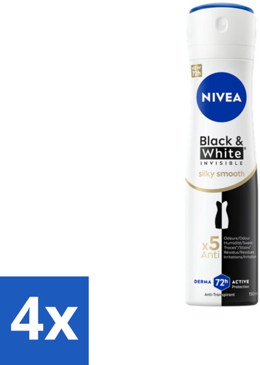 4 x NIVEA Deodorant Spray Black & White Silky Smooth 150 ml - Anti-vlekken - 72 Uur Bescherming - Deodorant Spray - Zwart-wit - Huidverzorging