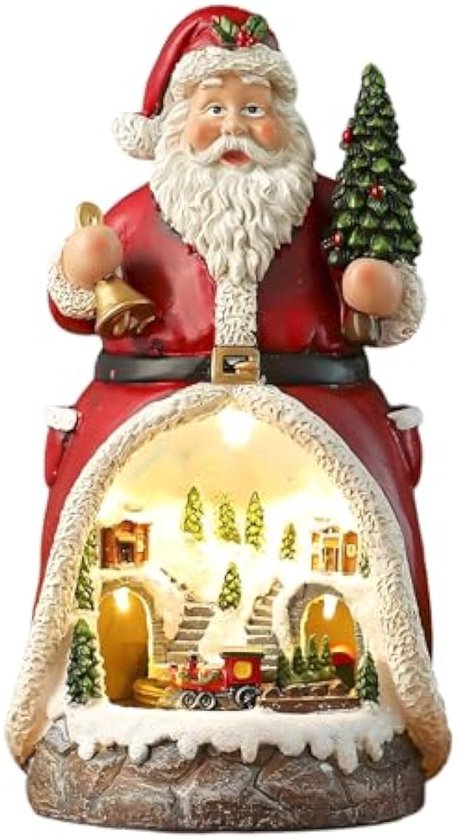 Kerstdorp, kerstdecoratie met LED-gekleurde lichten, roterende treinontwerp en aantrekkelijke muziek kerstmuziekdoos gemaakt van hars kleine kerststadornamenten (Kerstmis, Kerstman)