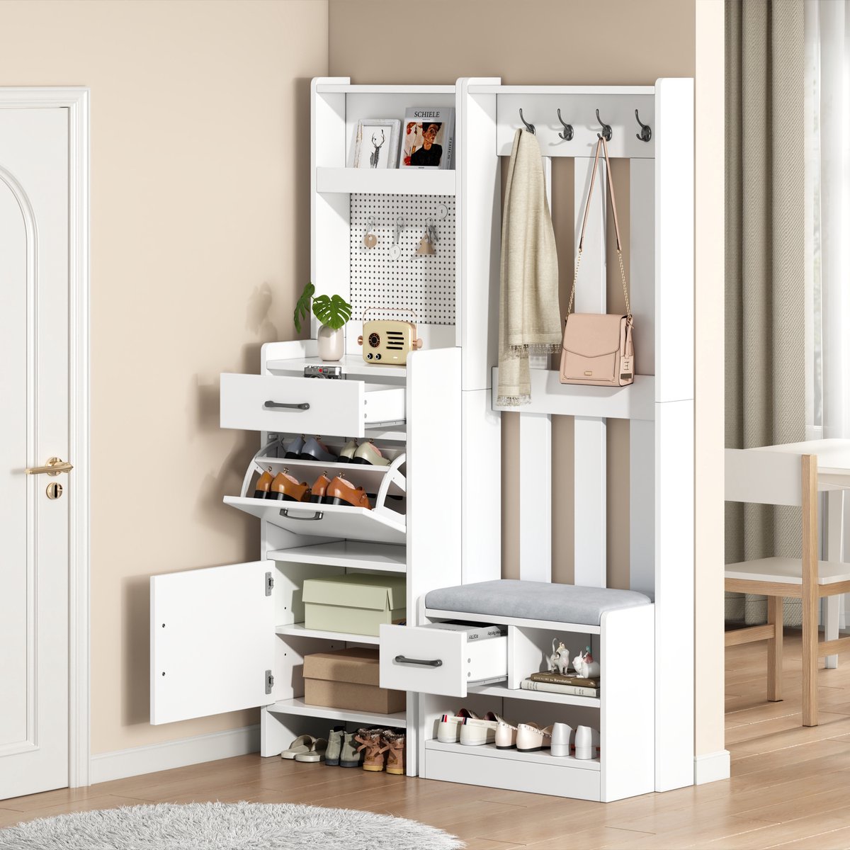 PHOEBE CAT Halmeubel - 110 x 35 x 175.5 cm - Met beklede schoenenbank - 7 haken - 2 lades - Wit