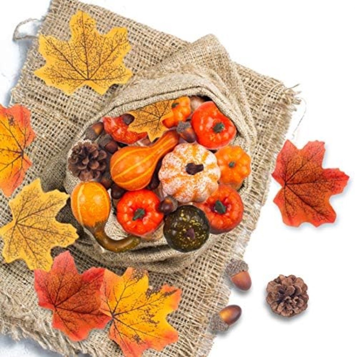 PolkaHome Herfst Decoratie Set - 50 Delige Kunstpompoenen Set met Esdoornbladeren, Eikels en Dennenappels voor Herfstdecoratie, Halloween en Thanksgiving