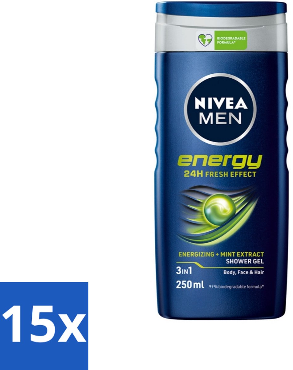 15 x Nivea - Men - Energy Douchegel - Langdurig Fris Gevoel - 250 ml - Douchegel Voor Mannen - 2 In 1 Douchegel - Energieboost - Fris Gevoel - Mintextract