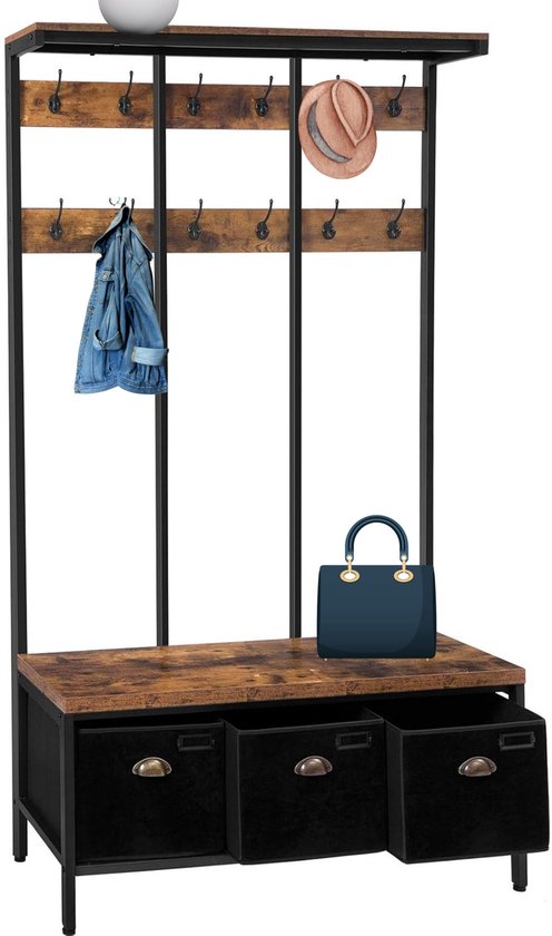 Garderoberek met houten zitting en zwarte opbergdozen. Met een spijkerjasje, blauwe tas en hoed.