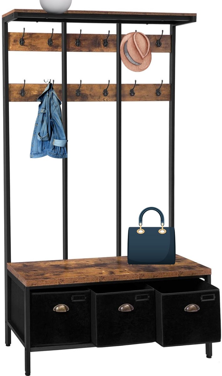 Signature Home XXL Garderoberek - Kapstok - Kapstok met schoenenrek - kledingrek met 24 haken - zitting met 3 opbergdozen - Bruin/Zwart - 100x 37x182 cm