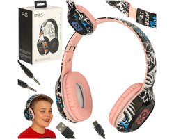 MOZY® - Draadloze Koptelefoon - Roze Graffiti - Bluetooth - tot 10 Meter - tot 100 uur - Bedieningspaneel - Micro SD-kaartlezer - Hoofdtelefoon Kinderen - Verstelbaar