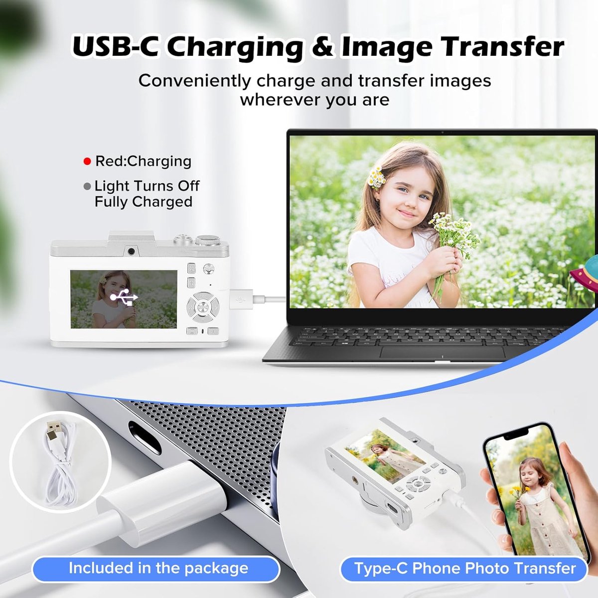 Digitale camera - Autofocus 4K Vlogging-camera met SD-kaart, 64MP draagbare compacte point-and-shoot digitale camera voor tieners en volwassenen met 16x zoom, anti-shake, 2 batterijen (wit) thumbnail 3