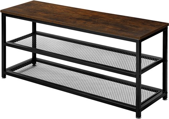 Bruin, 3-laags schoenenrek met zwart metalen frame.