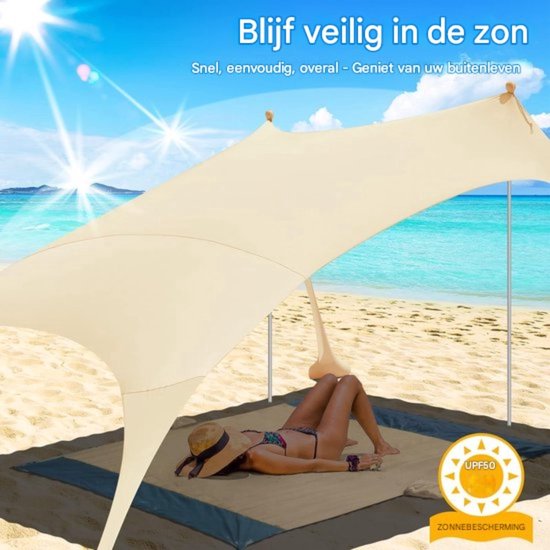 WNHB® Strandtent UV50+ zonwering - Strandtent 2.4x2.4 meter - Inclusief zandankers en picknickkleed - Pop up strandtent voor strand tuin en camping van Merkloos — afbeelding 3