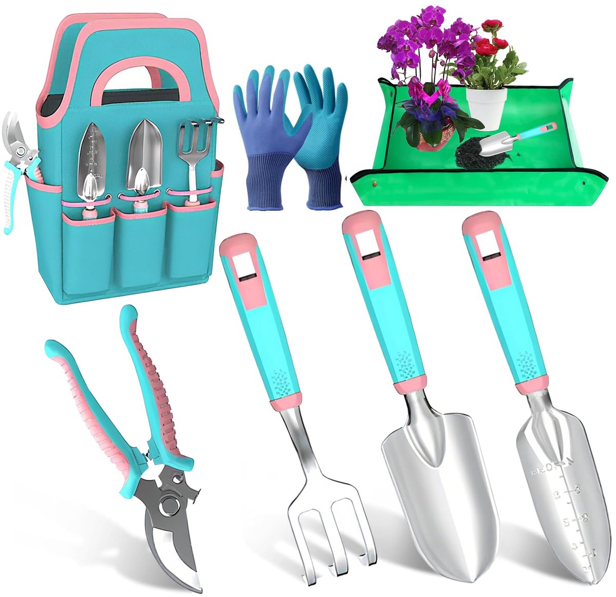 Tuingereedschapset - 7-delig - Roestbestendig - Met ergonomische antislip handgrepen - Inclusief duurzame opbergtas - Macaron