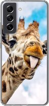 Geschikt voor Samsung Galaxy S21 FE hoesje - Giraffe - Grappig - Tong - Kinderen - Jongens - Meisjes - Kind - Siliconen Telefoonhoesje