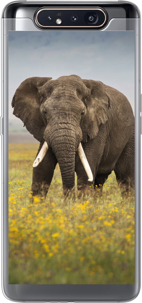 Telefoonhoesje Geschikt voor Samsung Galaxy A80 hoesje - Olifant - Bloemen - Gras - Dieren - Natuur - Siliconen Telefoonhoesje Telefoonhoesje