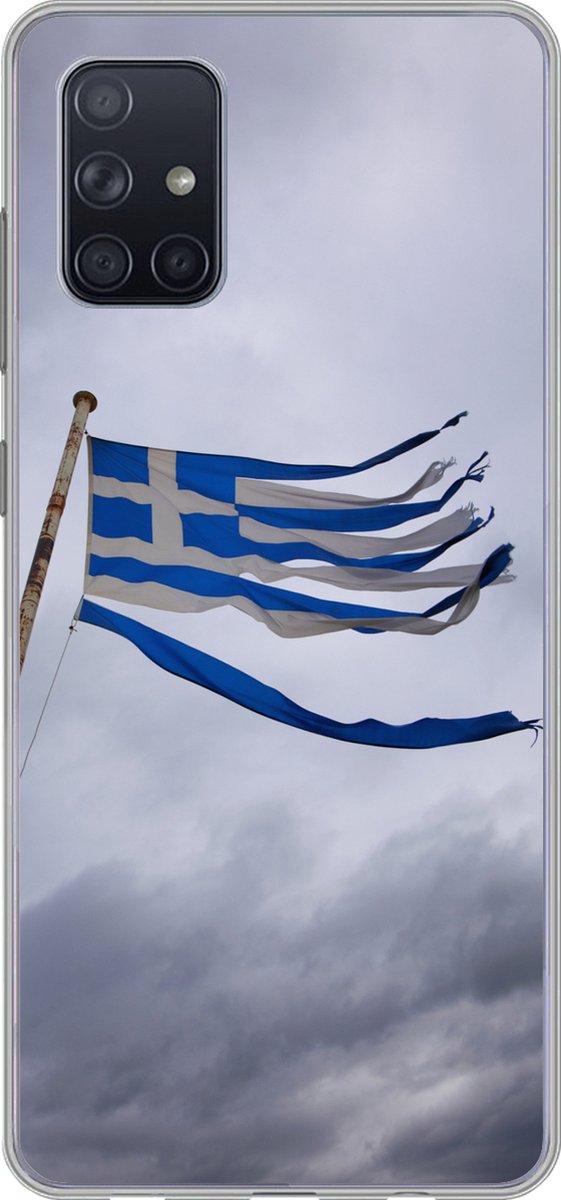Telefoonhoesje Geschikt voor Samsung Galaxy A51 hoesje - Versnipperde Griekse vlag waait in een sterke wind - Siliconen Telefoonhoesje Telefoonhoesje