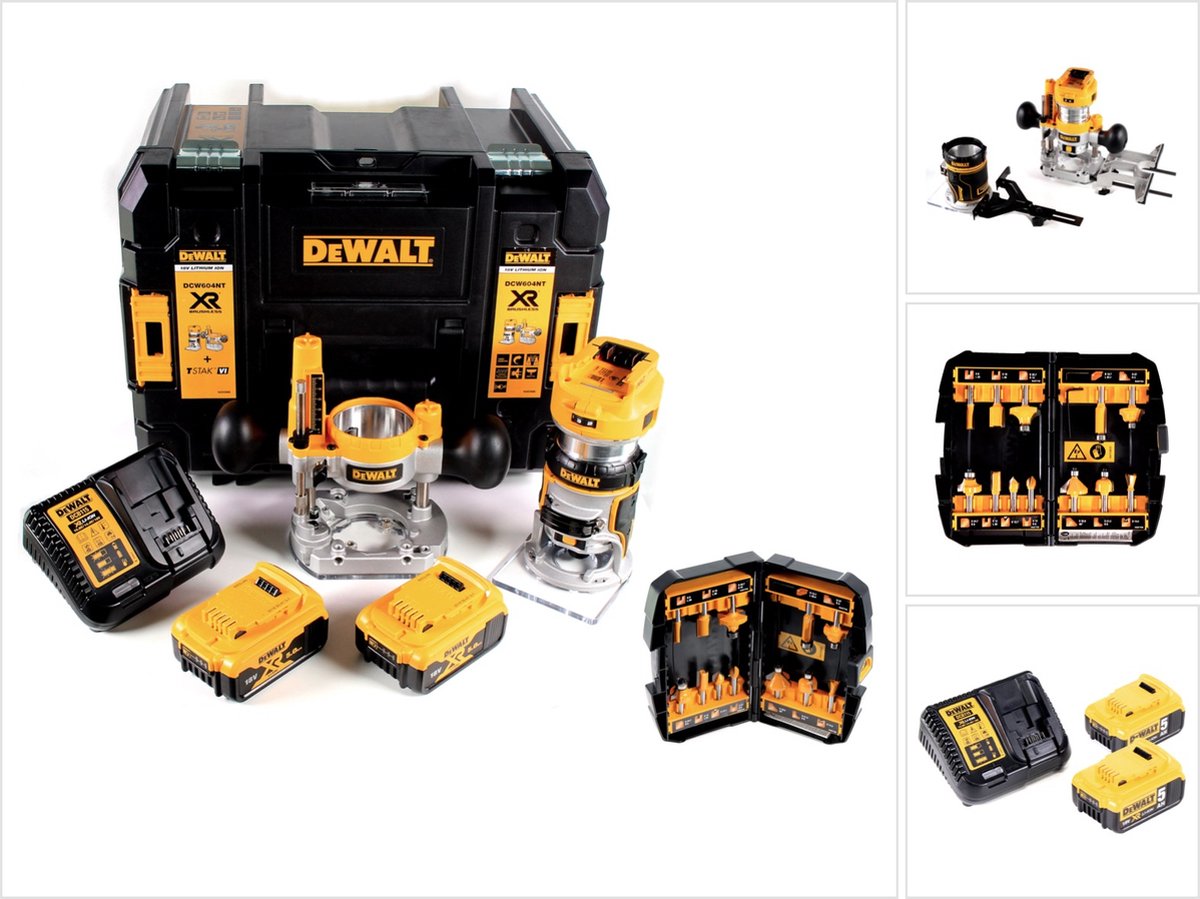 DeWalt DCW 604 P2 accu-combi-frees 18 V 55 mm + 2x accu's 5,0 Ah + 1x snellader + freesset 12-delig in TSTAK