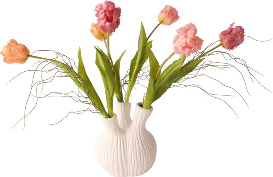 WinQ- Tulpenvaas met 6 kunst Tulpen en groen - Inclusief Vaas - Voorjaarsboeket kunstbloemen - Kunst tulpen - Witte vaas Keramiek - Set prijs compleet met extra groen