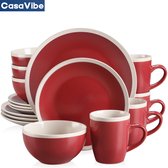 CasaVibe Luxe Serviesset – 16 delig – 4 persoons – Porselein - Bordenset – Dinner platen – Dessertborden - Kommen - Mokken - Set - Rood - Wit