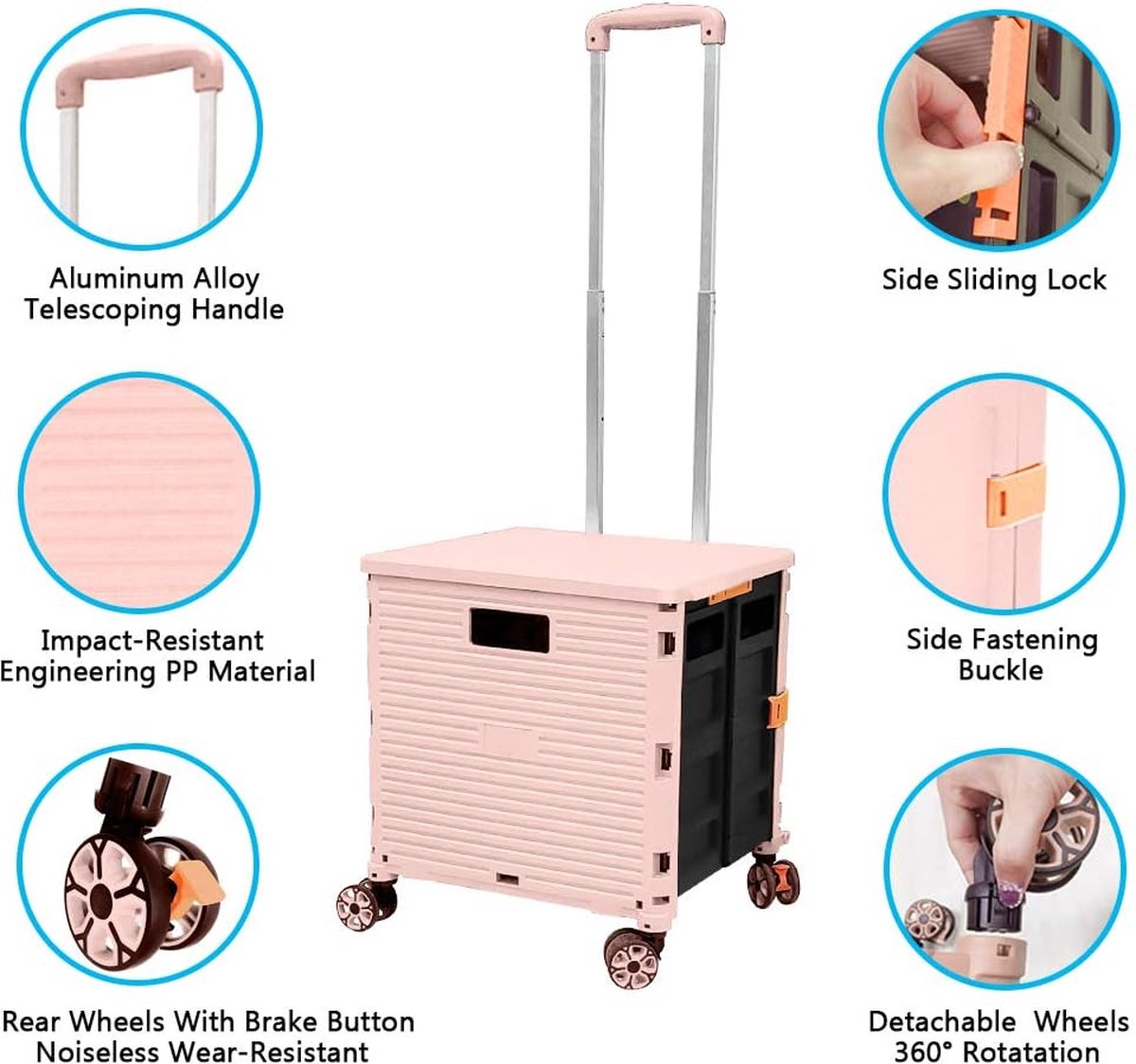 Opvouwbare boodschappentrolley kist op wielen met deksel. Slijtvast geruisloos 360 ° draaibaar wiel verstelbaar aluminiumlegering handvat opvouwbare kofferwagen met 45 kg draagkracht draagbare
