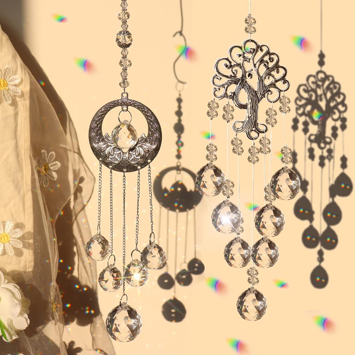 Zonnevanger Kristallen Windgong, Kristallen Glazen Prisma, Metalen Levensboom Hanger, Kristallen Decoratieve Hanger, Hangraam, Raamdecoratie Hangend voor Tuin, Buitendecoratie