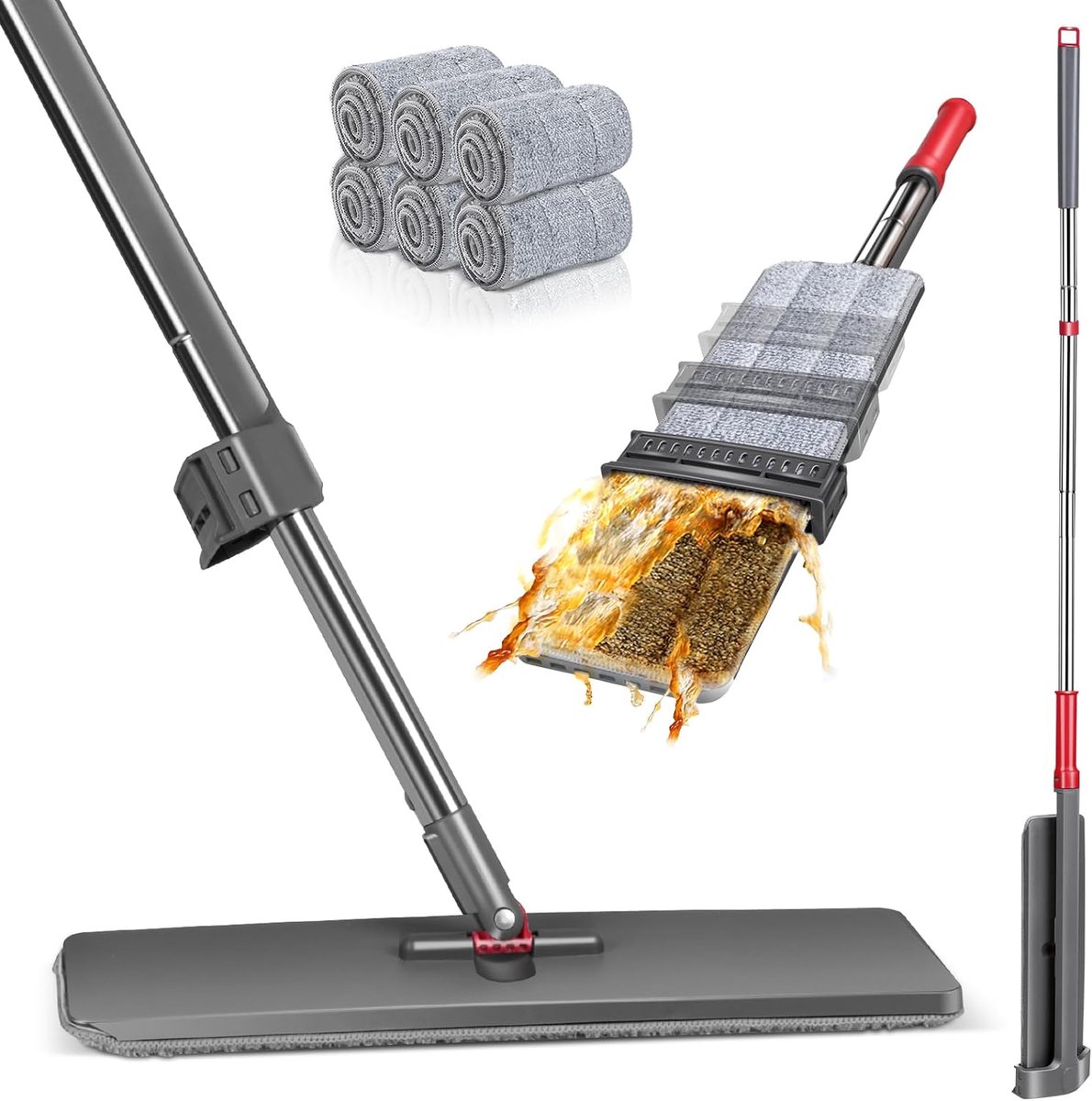 Vlakmop 360° graden vloermop met 6 microvezelpads en 123cm roestvrijstalen steel vlakmop met wringfunctie voor hardhout laminaat tegels grijs