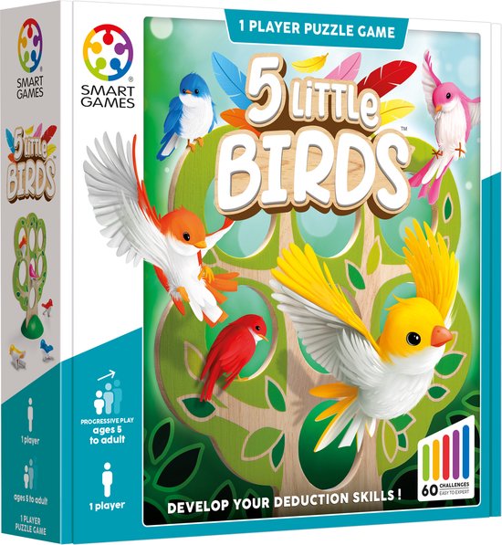 SmartGames - 5 Little Birds - 60 opdrachten - houten denkspel voor jong én oud - slimme vogels