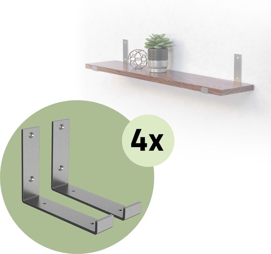 ML-Design 4 stuks plankbeugel 20x4x14 cm, grijs, gemaakt van metaal, 8