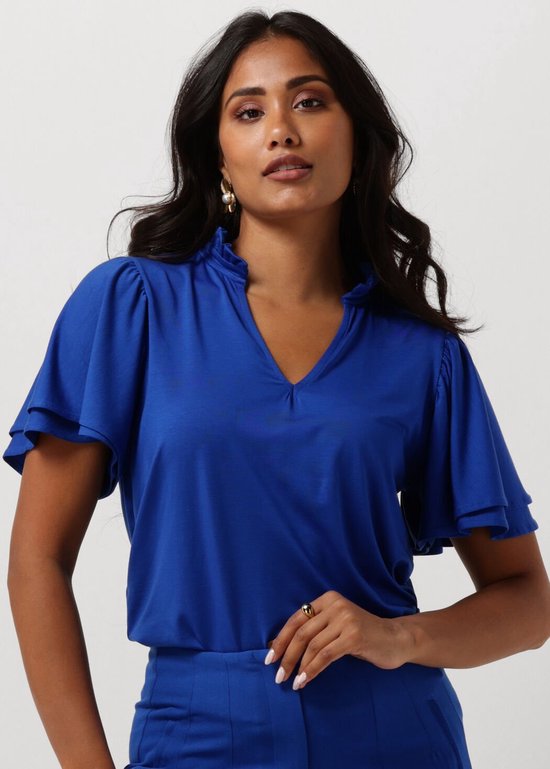 Jansen Amsterdam Tc136 Top Short Ruffled Sleeve V-neck Tops & T-shirts Dames - Shirt - Blauw
