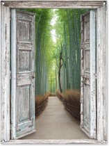 Tuinposter - Bos - Bamboe - Pad - Doorkijk - Japan - Bomen - Tuinposter doorkijk - 90x120 cm - Schuttingposter - Tuindoek - Buitenposter