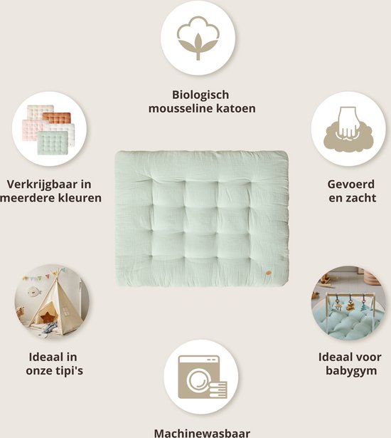 Lichtgroene mousseline speelmat, ideaal voor babygym, verkrijgbaar in meerdere kleuren.