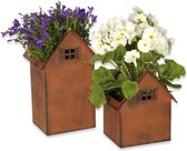 Bloempotten in roestlook, set van 2, weerbestendige vierkante plantenpotten in huisdesign in 2 maten, perfect als decoratie voor tuin, vijver, balkon, voordeur en entree, voor binnen en