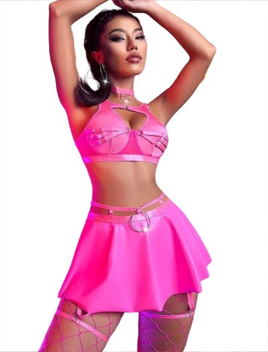 6-delige porno set Pink Love - Bodysuit Deluxe - Erotische lingerie - BDSM - Mini rokje - Halsband - Halsband - Topje - Luxe materialen