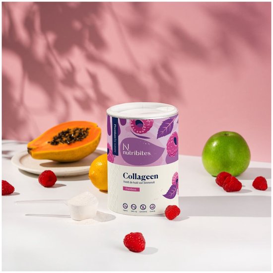 Nutribites collageenpoeder in frambozensmaak, omringd door fruit zoals papaja, citroen, frambozen en appel.