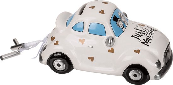 Out of the Blue - Spaarpot voor volwassenen - Just Married - keramiek - trouwauto - wit - 16 x 8 cm