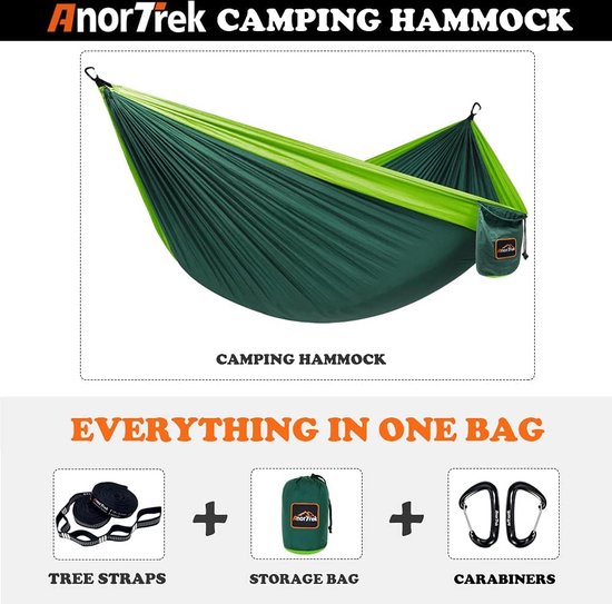 AnorTrek Campinghangmat met klamboe, dubbele en enkele lichtgewicht draagbare hangmatten met boomriemen, parachutehangmat voor kamperen, backpacken, reizen en wandelen