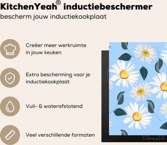 KitchenYeah® Inductie beschermer 59x52 cm - Madeliefjes - Blauw - Patroon - Kookplaataccessoires - Afdekplaat voor kookplaat - Inductiebeschermer - Inductiemat - Inductieplaat mat
