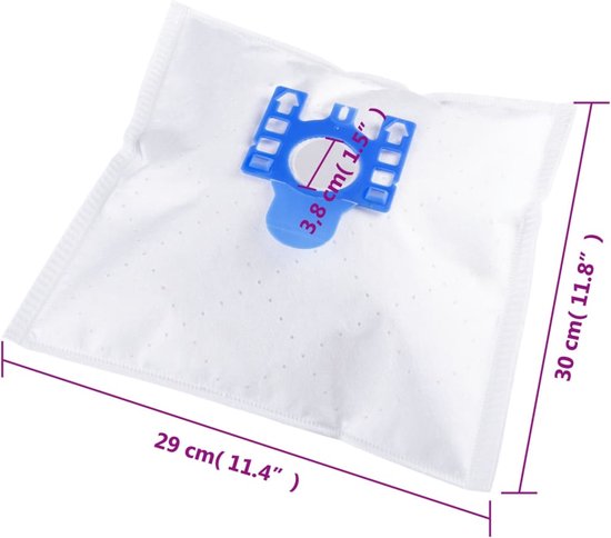 Sac aspirateur blanc avec raccord en plastique bleu, dimensions 29 x 30 cm.