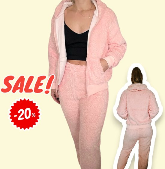 Roze - Huispak - Teddy - Met Capuchon - Fleece - [ Maat 40-42 ] - Dames - Joggingpak - Gewatteerd - Fleece vest & Fleece broek - Setje voor volwassenen - Cadeau voor vrouw - Fluffy en Warm