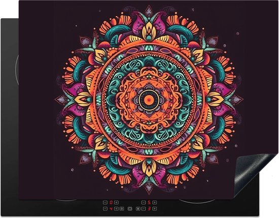 KitchenYeah® Inductie beschermer 77x59 cm - Mandala - Bloemen - Hippie - Boho - Oranje - Kookplaataccessoires - Afdekplaat voor kookplaat - Inductiebeschermer - Inductiemat - Inductieplaat mat