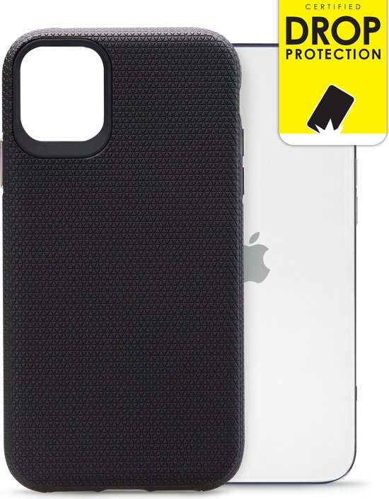 Coque arrière noire à motif en losanges pour iPhone 12 Pro Max, avec autocollant "Certified Drop Protection".
