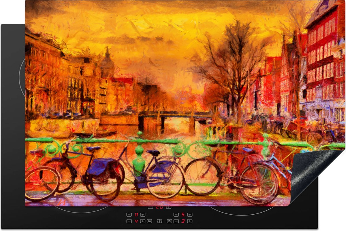 KitchenYeah® Inductie beschermer 80x52 cm - Schilderij - Fiets - Amsterdam - Gracht - Olieverf - Kookplaataccessoires - Afdekplaat voor kookplaat - Inductiebeschermer - Inductiemat - Inductieplaat mat