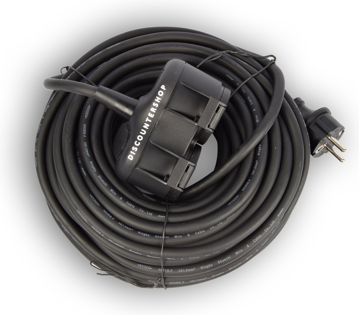 verlengkabel met 2 Schuko stopcontacten 20 m, dubbele verlenging, 2 geaarde contactbus, rubberen kabel voor buiten, IP44, H05RR-F3G 1,5 mm2 - Verleng-snoer. Neopreen. Rubber voor buiten 20 meter , met twee stekker aansluitingen.