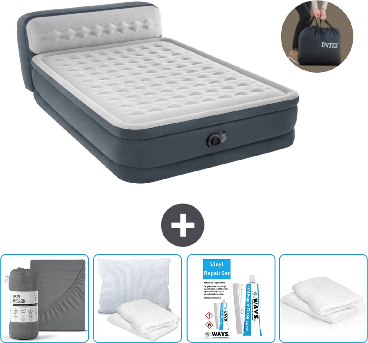 Intex Luchtbed - 2-Persoons - 152 x 236 x 86 cm - Grijs - Inclusief pomp - Hoeslaken - Kussen - Reparatieset en Kussenbeschermer