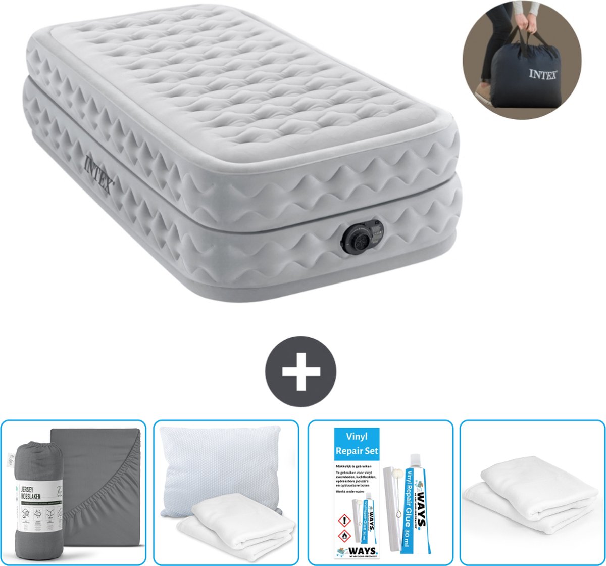 Intex Luchtbed - 1-Persoons - 99 x 191 x 51 cm - Grijs - Inclusief pomp - Hoeslaken - Kussen - Reparatieset en Kussenbeschermer