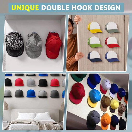 Belle Vous Lot 16 Crochets Autocollants Blancs Pour Chapeaux - Porte Chapeau Mural Autoadhésif Pour Casquette Baseball - Support Mural Sans Perçage Pour Chambre Accroche Casquette