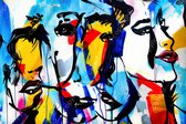 JJ-Art (Canvas) 150x100 | Gezichten van vrouwen en mannen, portret, abstract, Herman Brood stijl, kunst | mens, vrouw, man, blauw, geel, bruin, rood, modern | Foto-Schilderij canvas print (wanddecoratie)