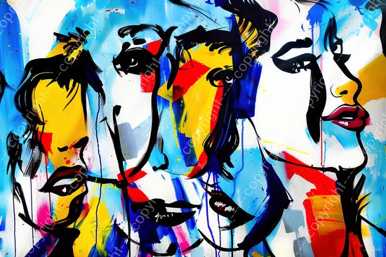 JJ-Art (Canvas) 120x80 | Gezichten van vrouwen en mannen, portret, abstract, Herman Brood stijl, kunst | mens, vrouw, man, blauw, geel, bruin, rood, modern | Foto-Schilderij canvas print (wanddecoratie)