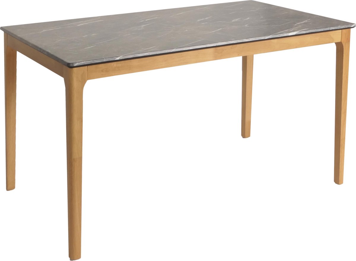 MCW Eetkamertafel MCW-M55, eettafel, massief hout HDF laminaat melamine 135x80cm, marmer/steen look, lichtgekleurde poten bruin