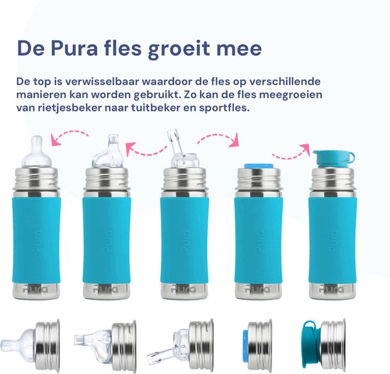 Pura Speenfles 150 ml - Plasticvrij - Drinkfles - Voorkomt Maagkrampen - Vaatwasserbestendig - Inclusief Siliconen Speen, Reisdop en Sleeve - Top is Verwisselbaar - Veelzijdig - Moss van Merkloos — afbeelding 5